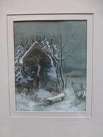 Aquarel / Gouache ‘Weg-kapel in de sneeuw’ gesigneerd, Antiek en Kunst, Verzenden