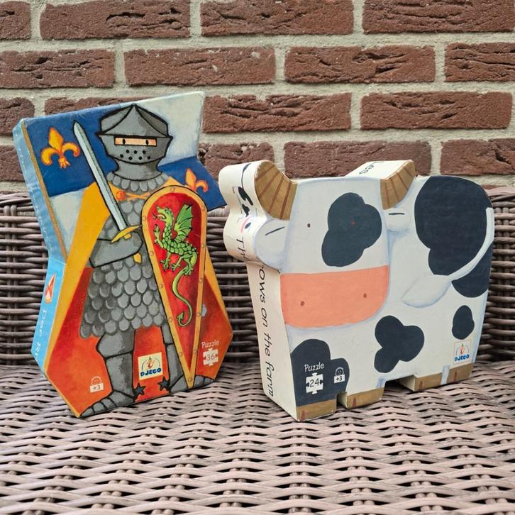 Sint tip!🎁 Djeco puzzels koe en ridder - Goede staat!, Kinderen en Baby's, Speelgoed | Kinderpuzzels, Zo goed als nieuw, 10 tot 50 stukjes