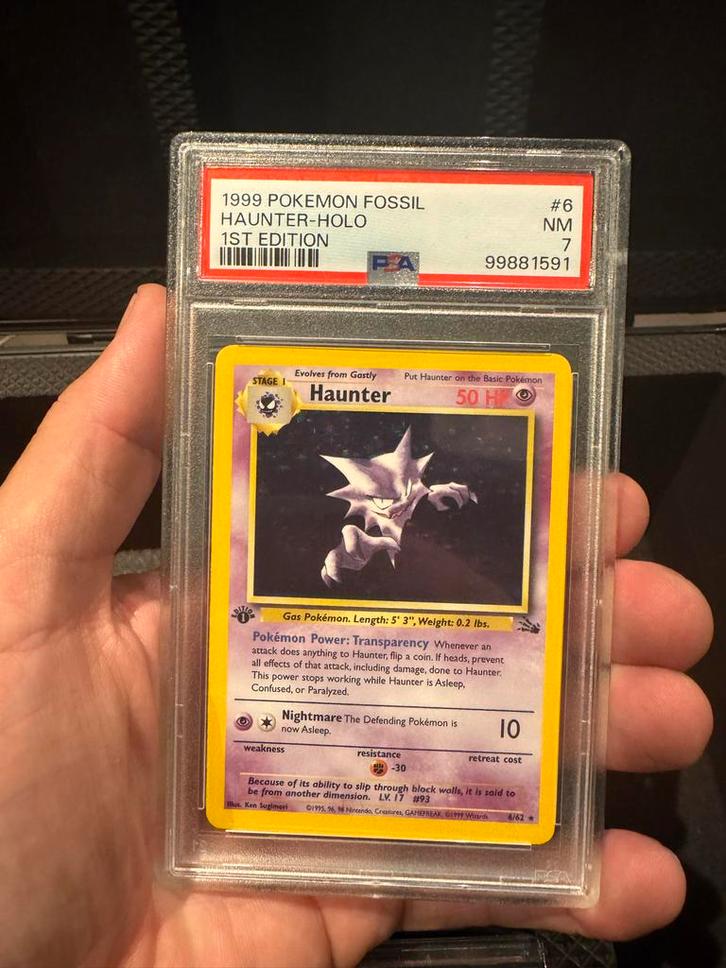Haunter 1st Edition PSA 7 - Fossil Holo, Hobby en Vrije tijd, Verzamelkaartspellen | Pokémon, Gebruikt, Losse kaart, Ophalen of Verzenden