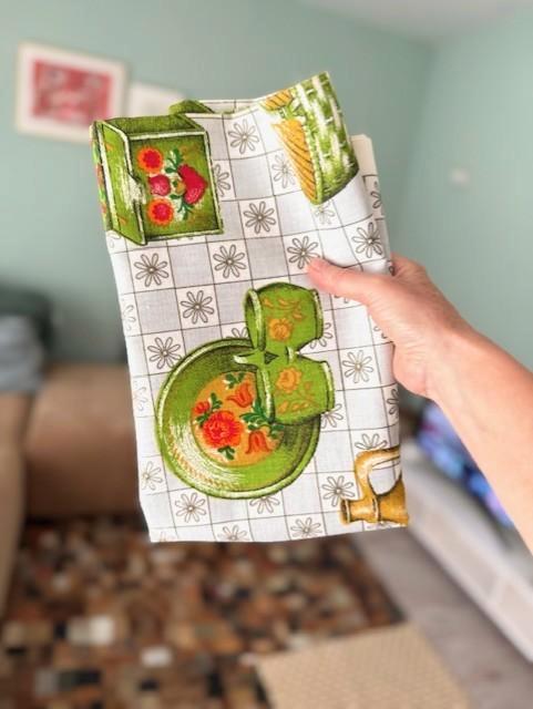 Stof keukenprint grijs geruit groen oranje retro vintage, Hobby en Vrije tijd, Stoffen en Lappen, Nieuw, Katoen, 120 cm of meer