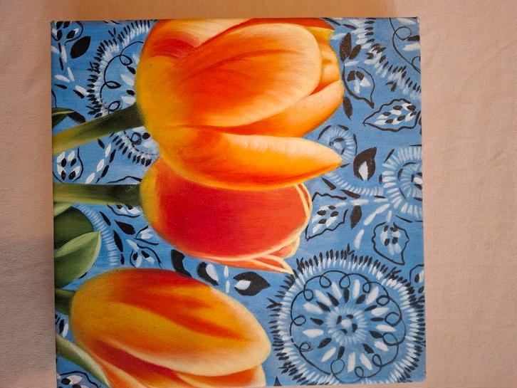 Tulpen op boeren zakdoek achtergrond, Antiek en Kunst, Kunst | Schilderijen | Klassiek, Ophalen of Verzenden