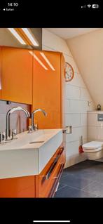 Dubbele wastafel met zijkast en kranen, Huis en Inrichting, Badkamer | Badkamermeubels, Ophalen of Verzenden, 25 tot 50 cm, Wasbak of Wastafel