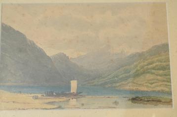 Aquarel berglandschap met een zeilscheepje. Aziatisch? beschikbaar voor biedingen