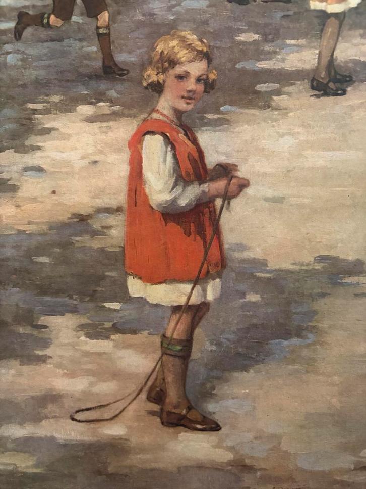 Oude Schoolplaat - Op de Speelplaats, Antiek en Kunst, Kunst | Schilderijen | Klassiek, Ophalen