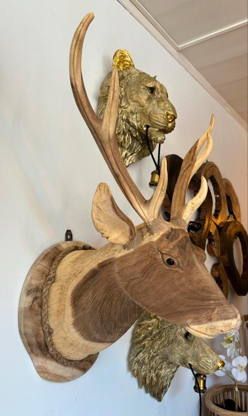 Handgemaakte houten hertenkop voor aan de wand - L 50/75/60, Antiek en Kunst, Kunst | Beelden en Houtsnijwerken, Ophalen