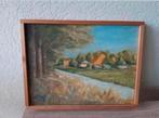 Olieverf schilderij boerderij huizen bos bomen meer natuur, Antiek en Kunst, Kunst | Schilderijen | Klassiek, Ophalen of Verzenden