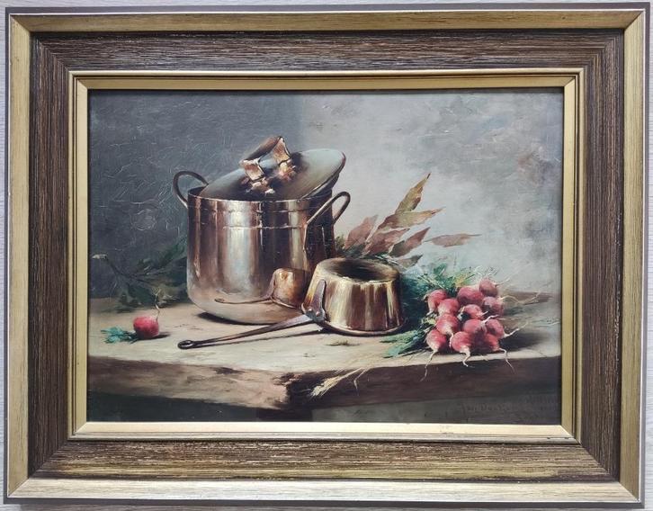 Jan Deckers (1865-1942) - Stilleven met pannen en radijsjes, Antiek en Kunst, Kunst | Schilderijen | Klassiek, Ophalen of Verzenden