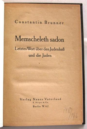 Brunner 1920 Memscheleth sadon Judenhass antisemitisme beschikbaar voor biedingen