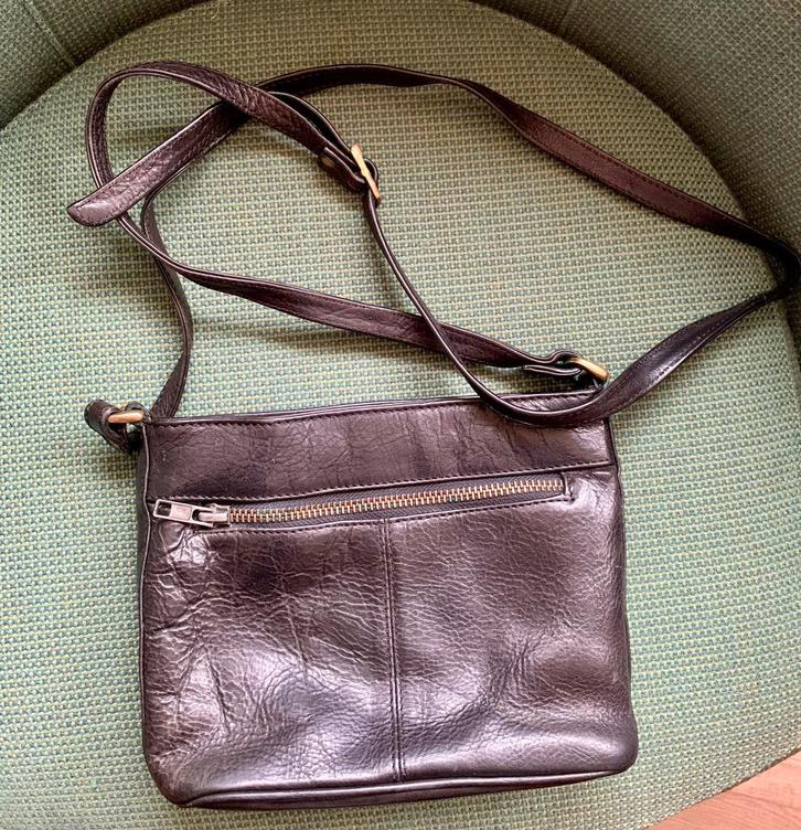 Bosboom, vintage zwart leren schoudertasje., Sieraden, Tassen en Uiterlijk, Tassen | Damestassen, Gebruikt, Schoudertasje, Zwart