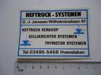 sticker oud Hoevelaken Heftruck GJ JANSSEN thyristor tech, Verzenden, Zo goed als nieuw, Bedrijf of Vereniging