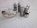 6 Verzilverde items met blauw glas o.a. peper en zout vaatje, Ophalen of Verzenden