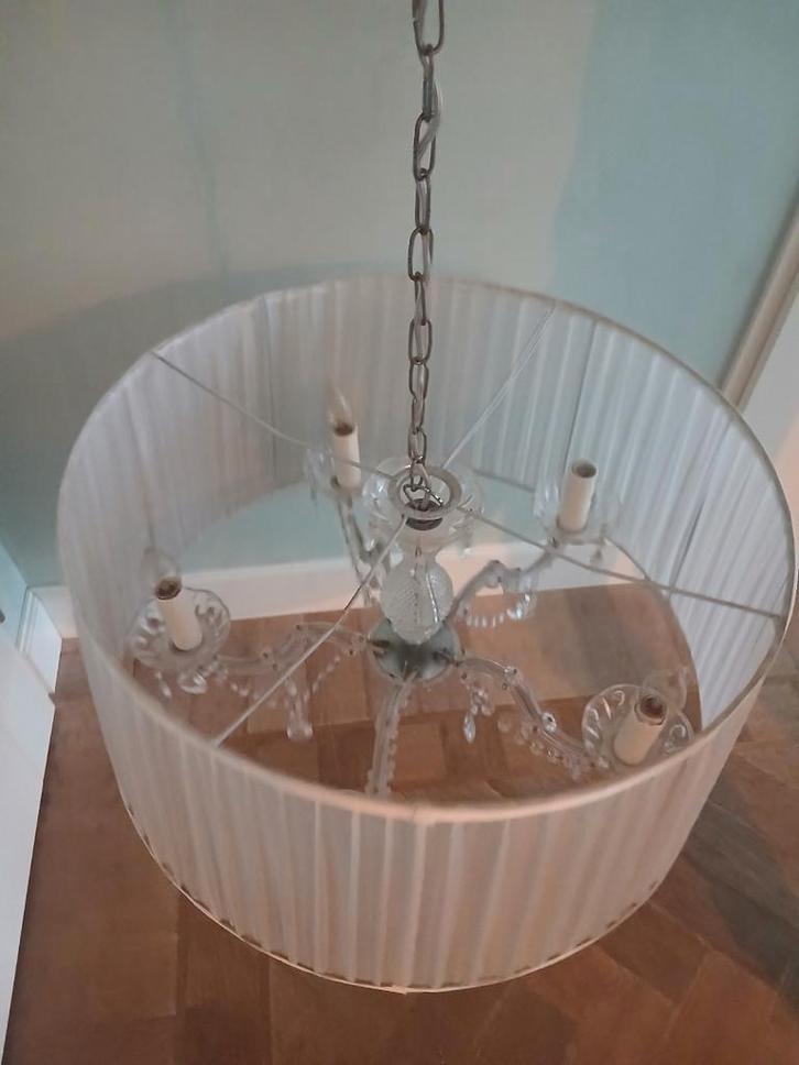 Grote kroonluchter van glas met Organza Kap wit - 55cm, Huis en Inrichting, Lampen | Kroonluchters, Gebruikt, Glas, Metaal, Stof
