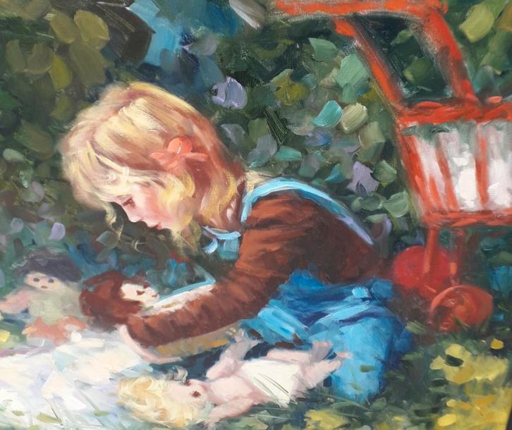 Louis van der Beesen (1938-2009), spelend kind met pop, Antiek en Kunst, Kunst | Schilderijen | Klassiek, Ophalen