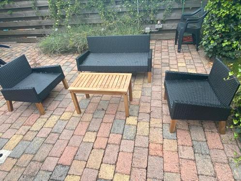 Loungeset | lage zit | 4-delig (polyrotan + hout), Tuin en Terras, Tuinsets en Loungesets, Gebruikt, Hout, Bank, Ophalen