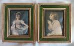 2x Miniatuur schilderij - Prent op Zijde - 1950, Antiek en Kunst, Ophalen