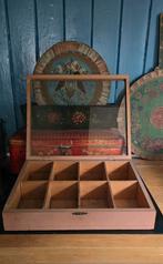 Oude houten theedoos vakkenkist met glazen deksel, Ophalen of Verzenden