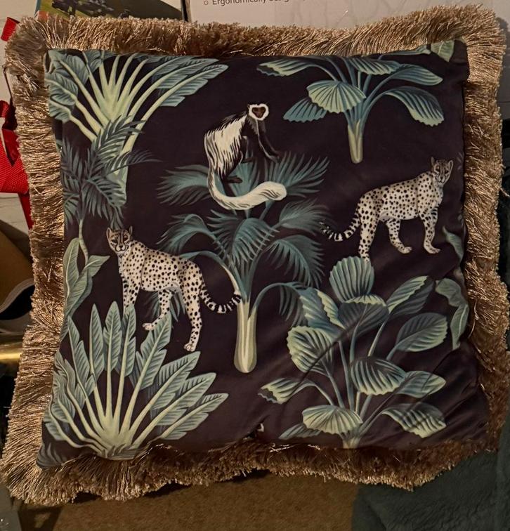 Set van 3 sierkussens – 40x40 cm – jungleprint met franjes, Huis en Inrichting, Woonaccessoires | Kussens, Zo goed als nieuw, Vierkant