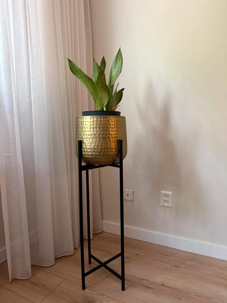 Plantenpot (goudkleurig) op zwart metalen standaard, Huis en Inrichting, Woonaccessoires | Wanddecoraties, Zo goed als nieuw, Ophalen