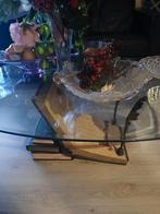 Unieke glazen salontafel met boekvoet, Huis en Inrichting, Tafels | Salontafels, Ophalen, Gebruikt, 50 tot 100 cm, 50 tot 100 cm