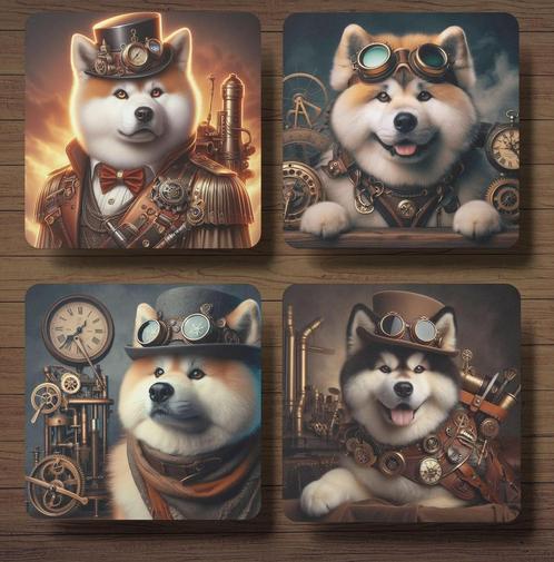 Akita Steampunk onderzetters met houder, Huis en Inrichting, Woonaccessoires | Onderzetters, Nieuw, Glas of Kopje, Ophalen of Verzenden