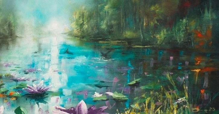 Adam Burczyc - Waterlelies, Olieverf op Doek, Antiek en Kunst, Kunst | Schilderijen | Klassiek, Ophalen of Verzenden