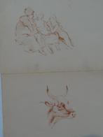 Vier lithos van drie zittende vrouwen, koe en vioolspeler, Antiek en Kunst, Kunst | Litho's en Zeefdrukken, Verzenden