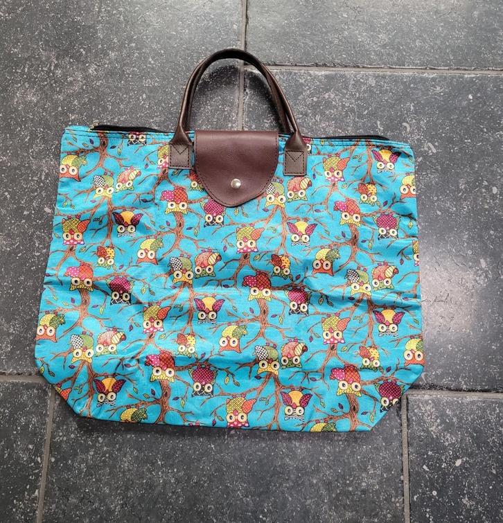 TAS - SHOPPER blauw/glim met uiltjes, opvouwbaar, Sieraden, Tassen en Uiterlijk, Tassen | Damestassen, Zo goed als nieuw, Shopper
