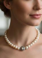 Antiek parelcollier met zilveren slot bezet met echte robijn, Ophalen of Verzenden, Zilver, Ketting