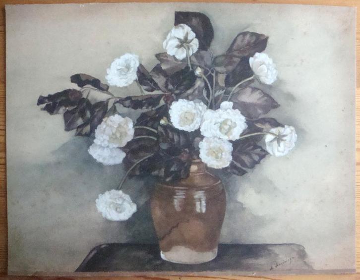 Martha Schuiringa Aquarel Pioenrozen 42 x 32 cm op karton ge, Antiek en Kunst, Kunst | Schilderijen | Klassiek, Ophalen of Verzenden