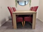 Massief houten Eettafel met 4 rode leren stoelen, Huis en Inrichting, Tafels | Eettafels, Ophalen, 100 tot 150 cm, 150 tot 200 cm