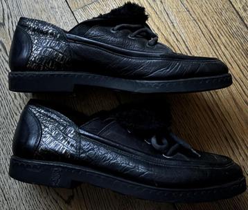 Zwart leren loafers met goud opdruk en bontflap – 38 - zgan beschikbaar voor biedingen