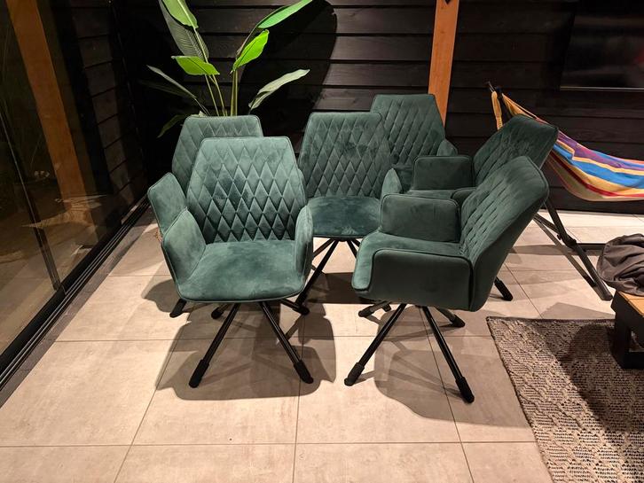 6x Groene Velvet Eetkamerstoelen Draaibaar zeer netjes., Huis en Inrichting, Stoelen, Zo goed als nieuw, Vijf, Zes of meer stoelen
