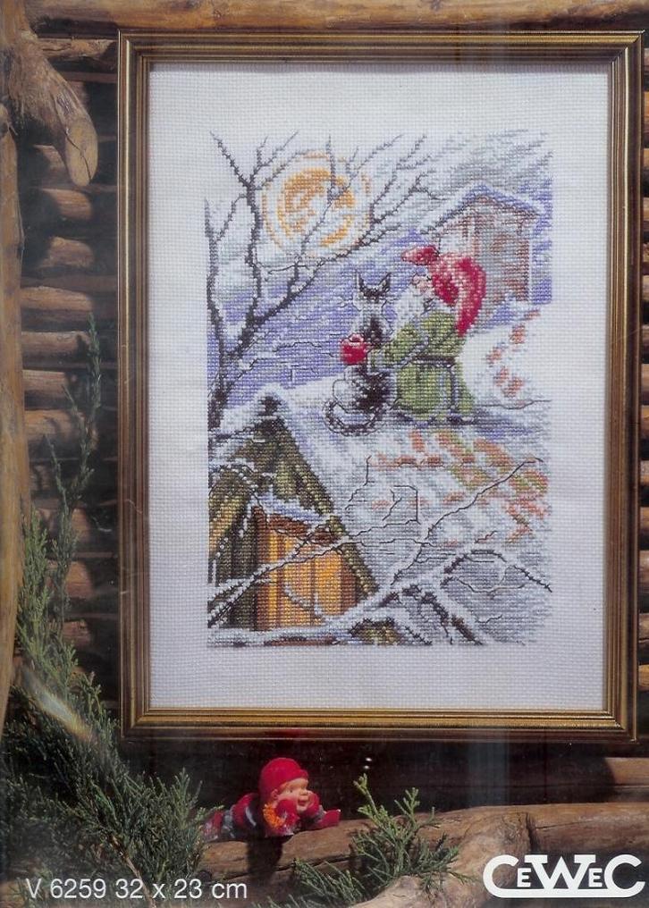 Cado koopje cewec borduurpakket, kabouter + poes op dak 6259, Hobby en Vrije tijd, Borduren en Borduurmachines, Nieuw, Borduurpakket