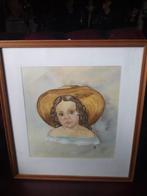 Aquarel in houten lijst van kindergezicht. 37 x 34 cm., Ophalen of Verzenden