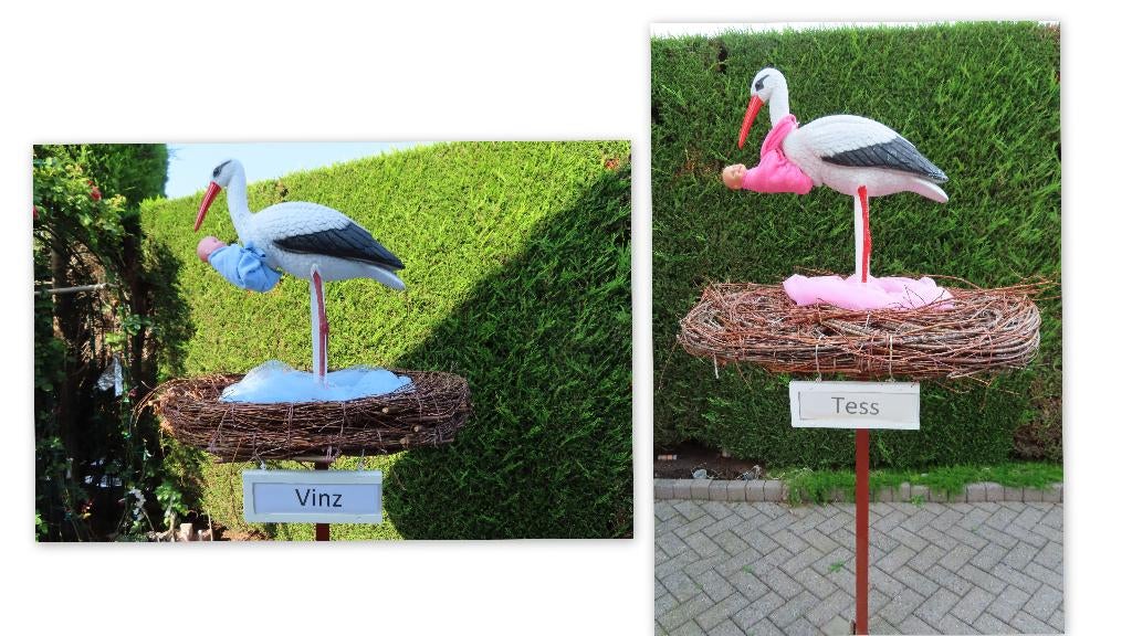 Ooievaar + baby pop of blauwe of roze doek om de hals, Ophalen, Nieuw, Geboortebord