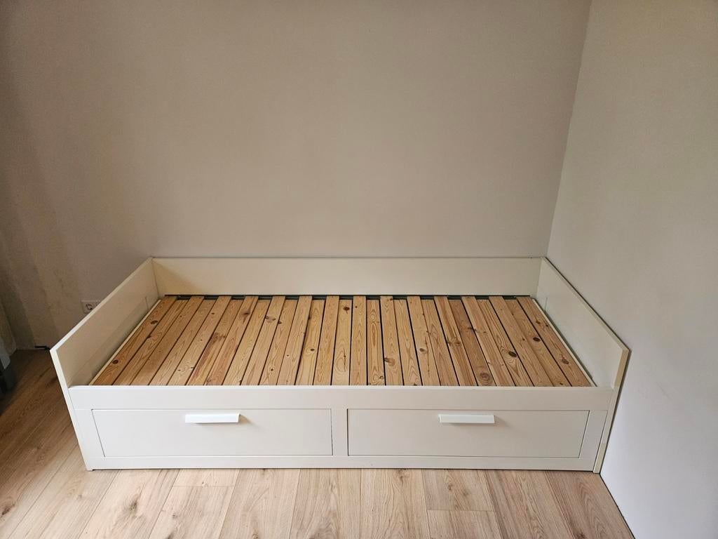 IKEA Brimnes bed 80x200cm, uitschuifbaar met 2 lades, Ophalen, Modern, Scandinavisch, Wit, Tweepersoons