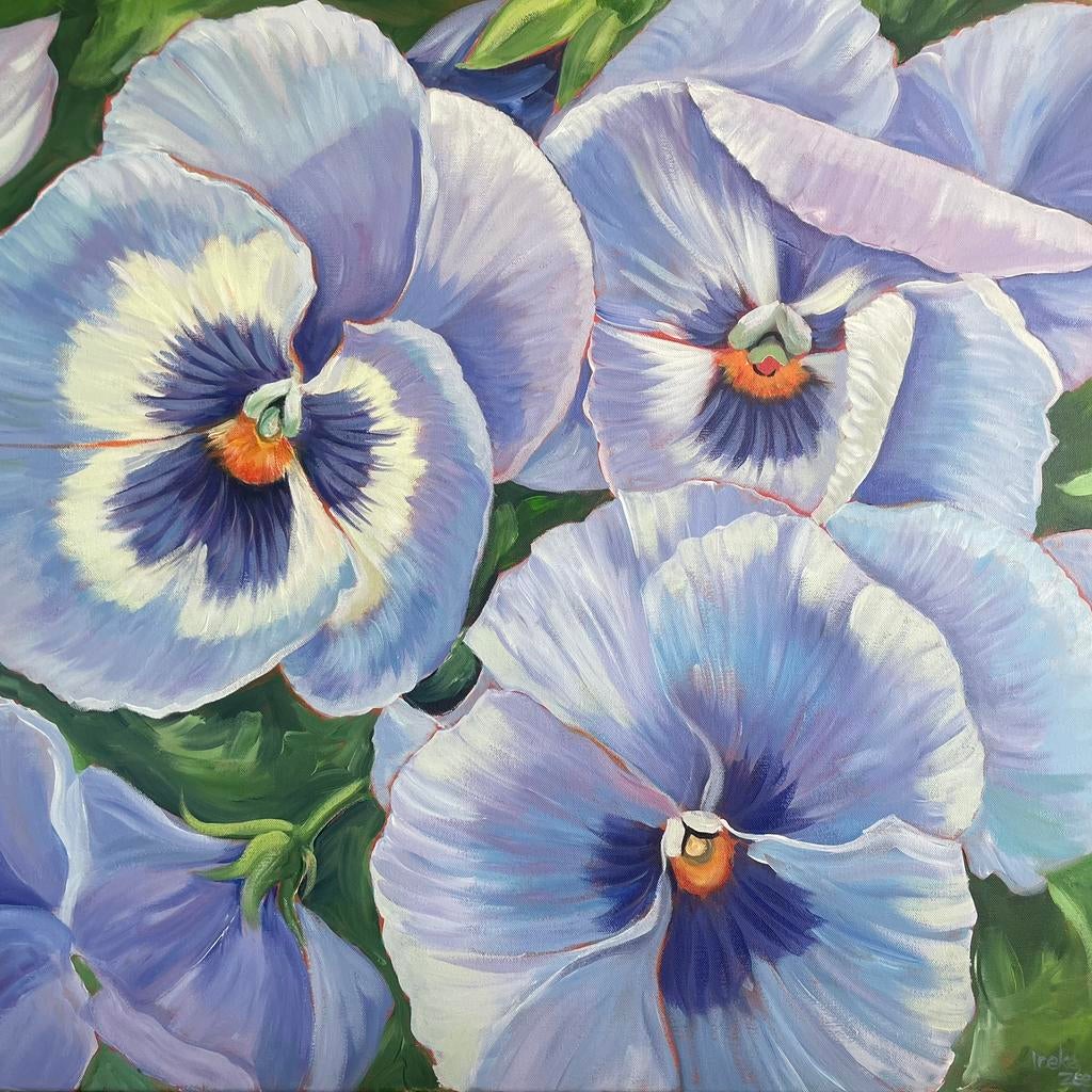 Schilderij blauwe viooltjes acrylverf op doek, Nieuw, Ophalen of Verzenden, Schilderij, 50 tot 75 cm