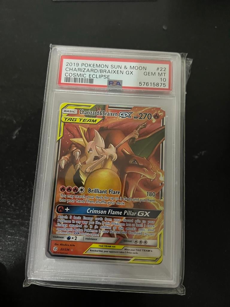 PSA 10 Charizard & Braixen GX Cosmic Eclipse, Hobby en Vrije tijd, Verzamelkaartspellen | Pokémon, Ophalen of Verzenden, Zo goed als nieuw