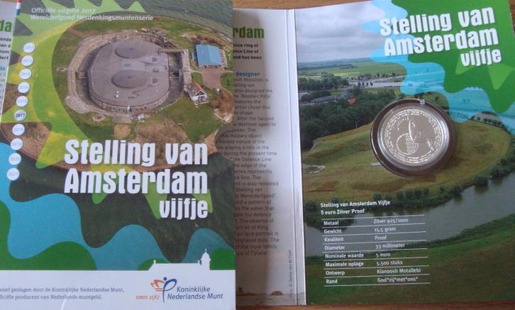 Vijf euro munt vijfje Stelling van Amsterdam 2017 proof, Postzegels en Munten, Munten | Nederland, Losse munt, Euro's, Koningin Juliana