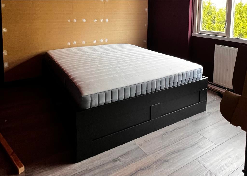 Zwart Brimnes bed met 4 lades, matras en lattenbodem, Ophalen, Gebruikt, Zwart, Tweepersoons