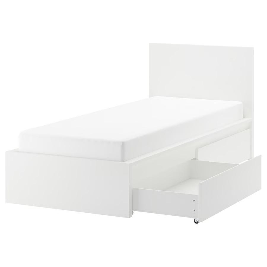 Compleet bed Ikea malm wit eenpersoons met laden, Ophalen, 90 cm, Eenpersoons, Wit