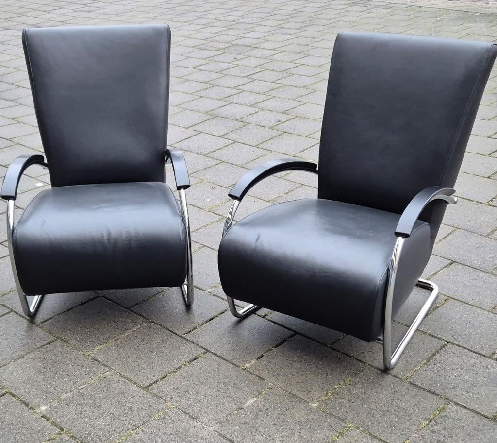 2 Gelderland 5470 design fauteuil Lotus leer Jan des bouvrie, 75 tot 100 cm, Ophalen of Verzenden, Leer, 50 tot 75 cm