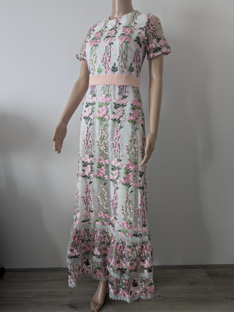 Elegante Maxi Jurk met Bloemenborduursel - Maat S, Ophalen of Verzenden, Roze, Maat 36 (S), Onder de knie