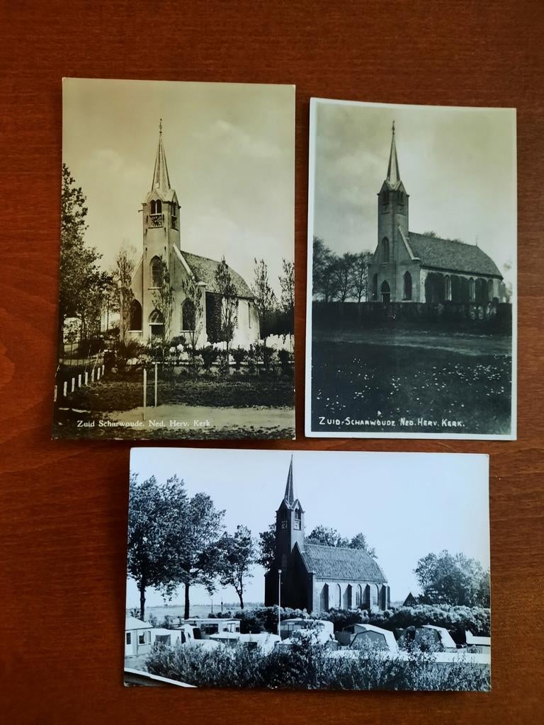Zuid Scharwoude, 3 ansichten van dorp en kerk, Ophalen of Verzenden, 1940 tot 1960, Gelopen, Noord-Holland