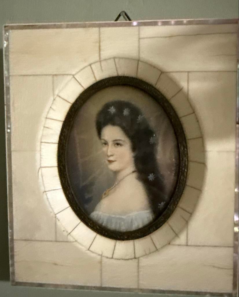 Antiek miniatuurportret in parelmoer lijst, Ophalen of Verzenden