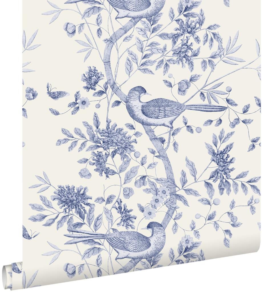 Esta behang Delfts blauw bloemen vogels, Verzenden, 75 m² of meer, Blauw