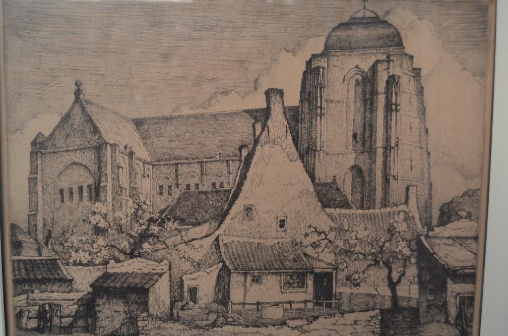 Fraaie ets Louis Heymans, gen. en gesign. Dom van Veere, Antiek en Kunst, Stadsgezicht, 1950 - 1999, Ets, Ingelijst
