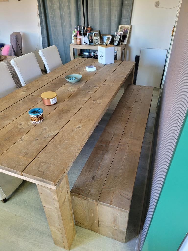 Grenen eettafel en 6 stoelen Riviera maison, Huis en Inrichting, Tafels | Eettafels, Gebruikt, 200 cm of meer, Grenenhout, Rechthoekig
