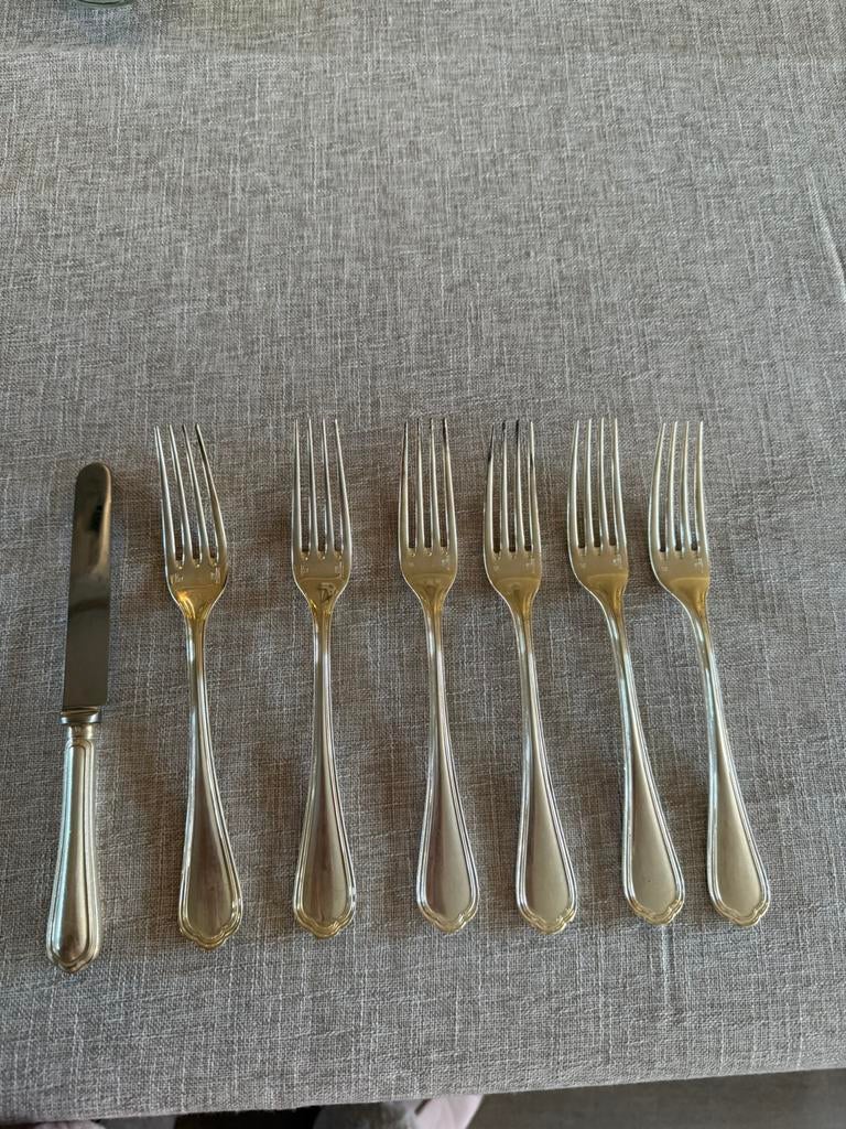 Christofle Spatours 6x vorken en 1x mes izgst, Ophalen