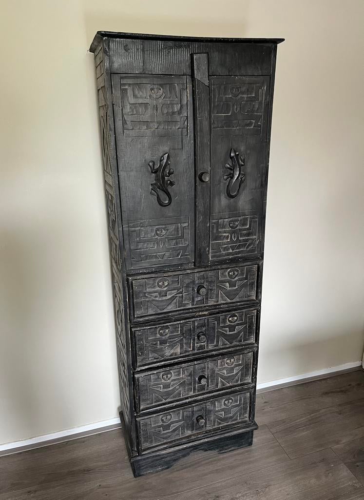 Vintage handgesneden boho kast zwart, Ophalen, Gebruikt, Vintage boho, 50 tot 100 cm